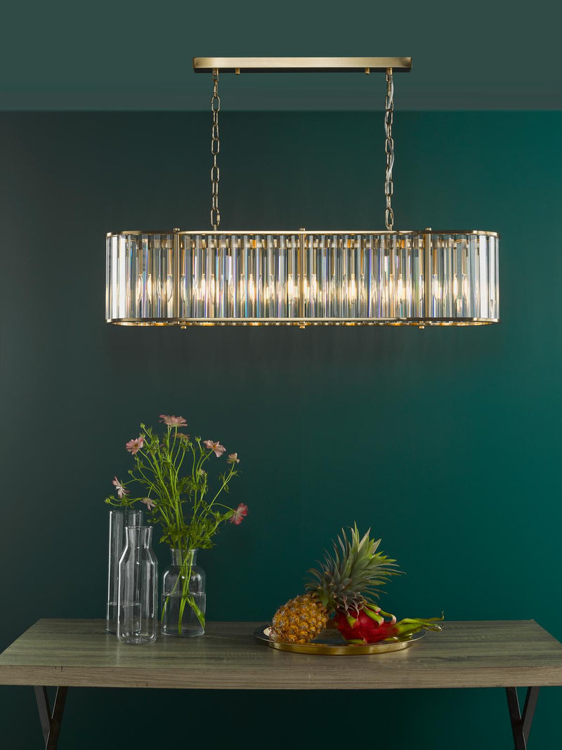 Dar Lighting Kiran 7 Light Bar Pendant Natural Brass and Crystal • KIR3435