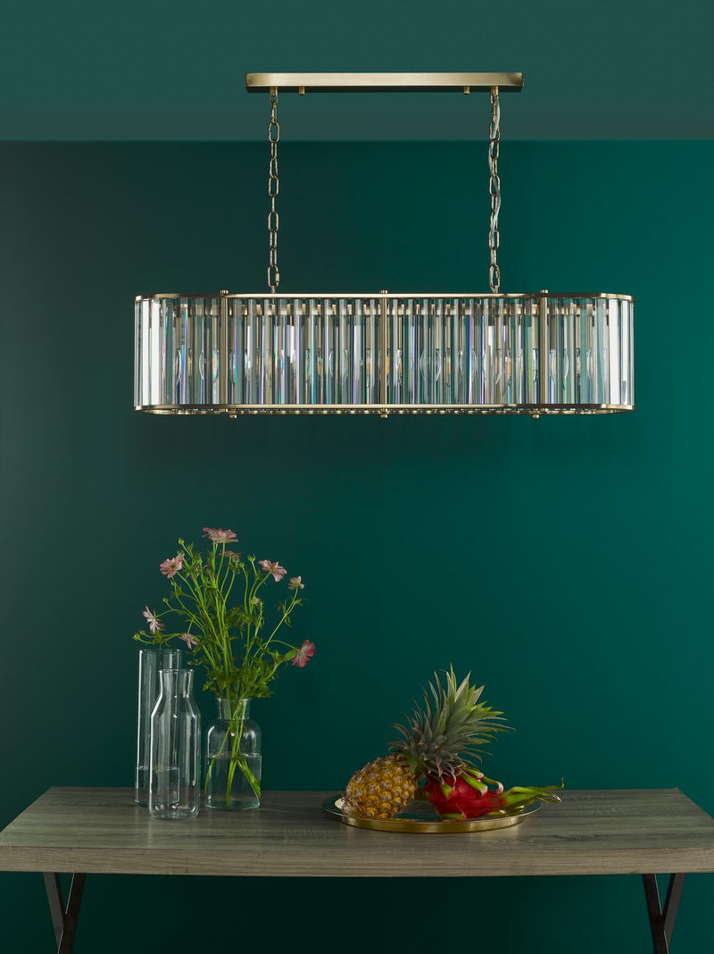 Dar Lighting Kiran 7 Light Bar Pendant Natural Brass and Crystal • KIR3435