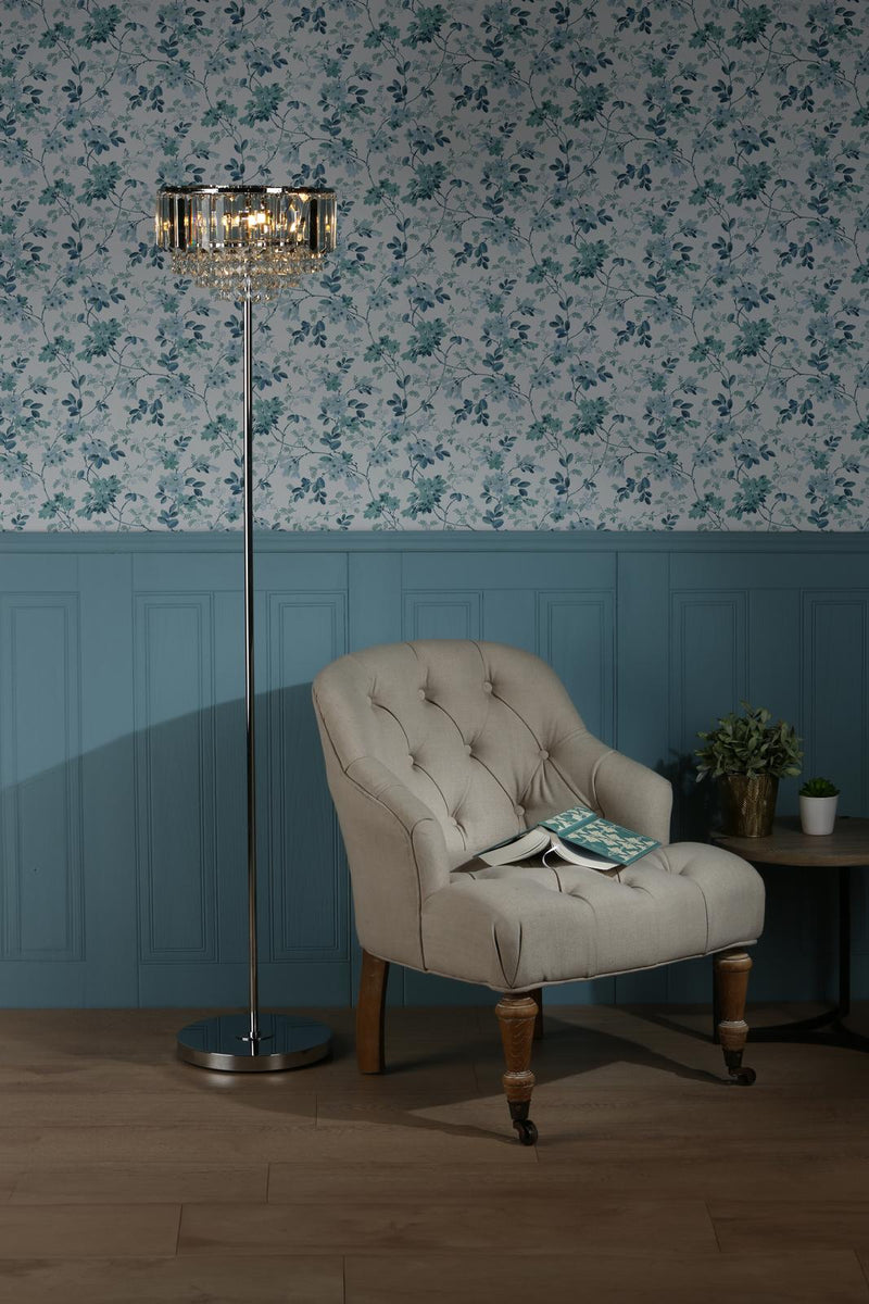 Laura Ashley Vienna 3lt Floor Lamp Crystal & Polished Chrome • LA3603227-Q