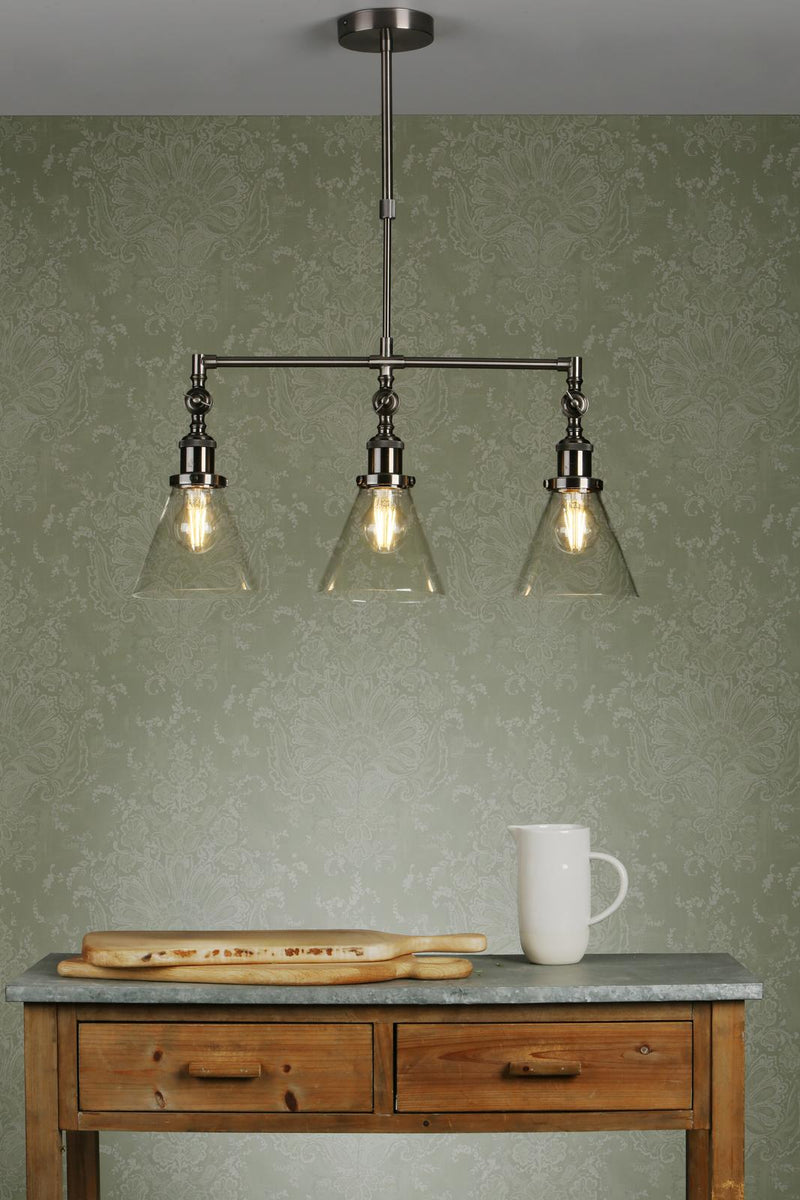 Laura Ashley Isaac 3lt Bar Pendant Satin Nickel Glass • LA3650343-Q