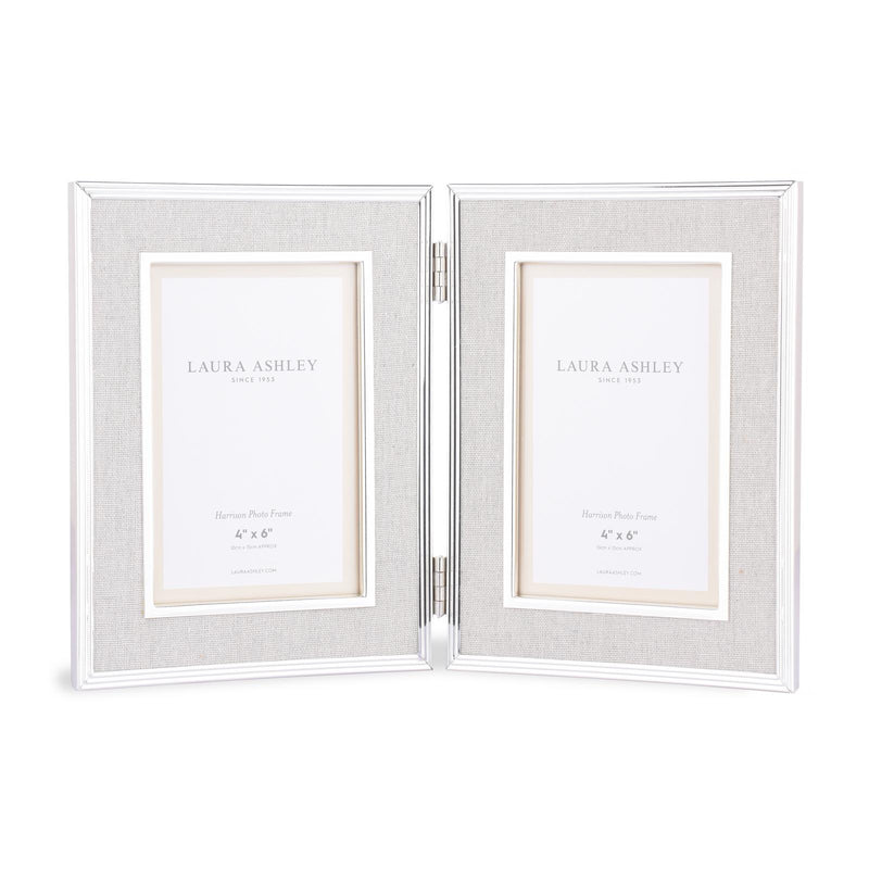 Laura Ashley Harrison Double Photo Frame Polished Silver Linen 4" x 6" • LA3712479-Q