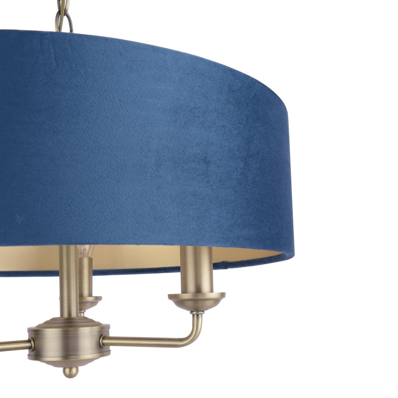 Laura Ashley Sorrento 3 Light Pendant Matt Antique Brass & Blue Shade • LA3756209-Q