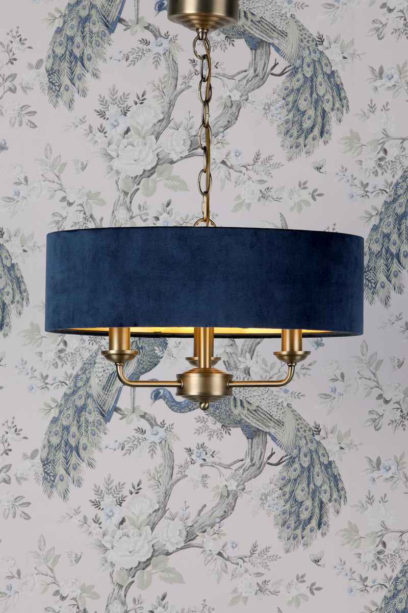 Laura Ashley Sorrento 3 Light Pendant Matt Antique Brass & Blue Shade • LA3756209-Q