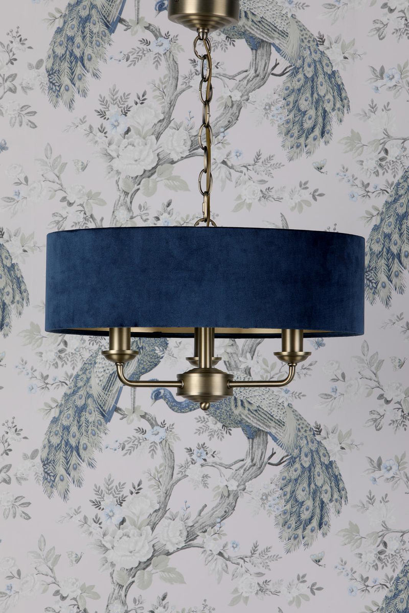 Laura Ashley Sorrento 3 Light Pendant Matt Antique Brass & Blue Shade • LA3756209-Q