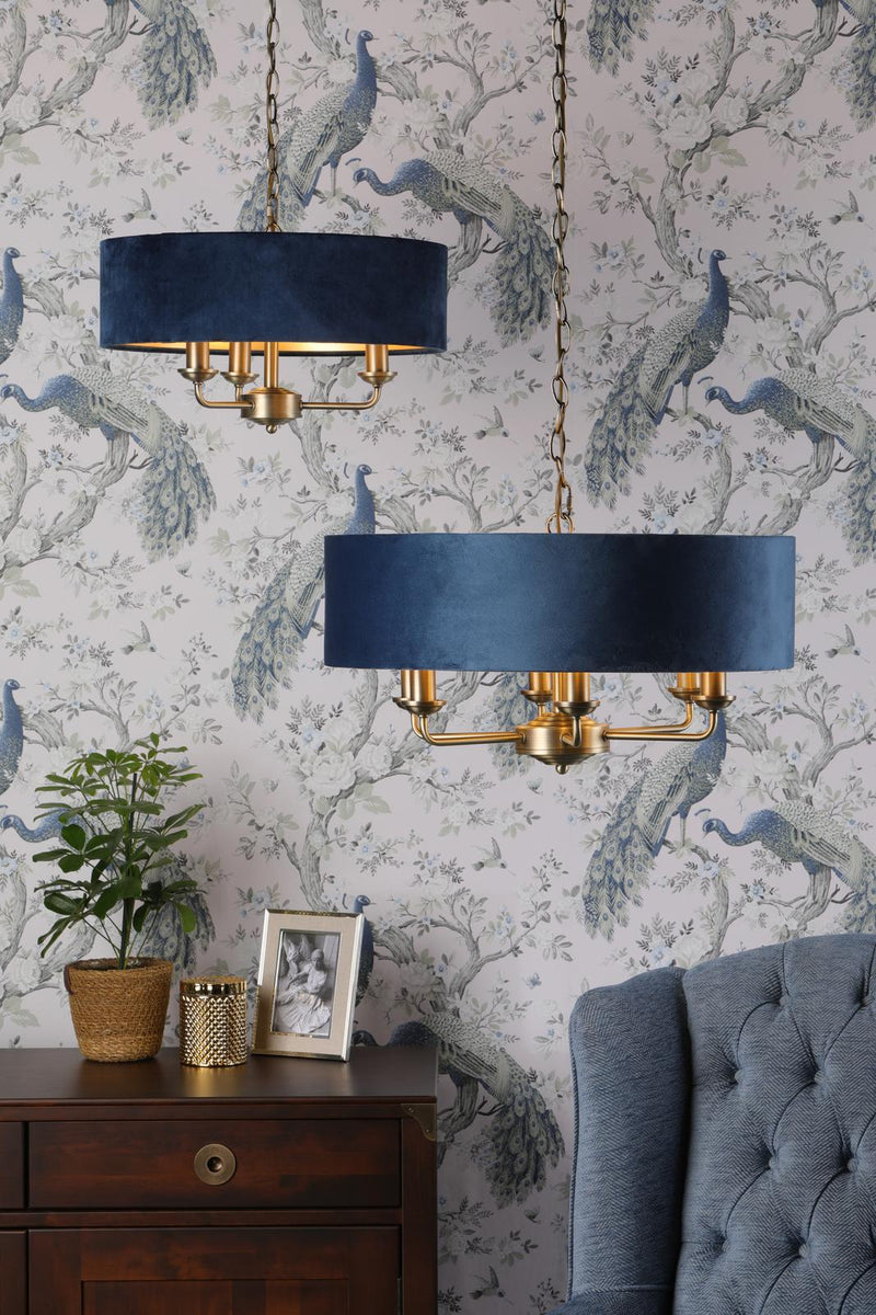 Laura Ashley Sorrento 3 Light Pendant Matt Antique Brass & Blue Shade • LA3756209-Q