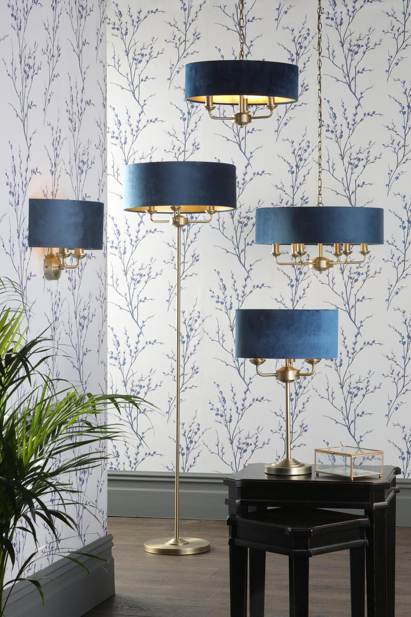 Laura Ashley Sorrento 3 Light Pendant Matt Antique Brass & Blue Shade • LA3756209-Q