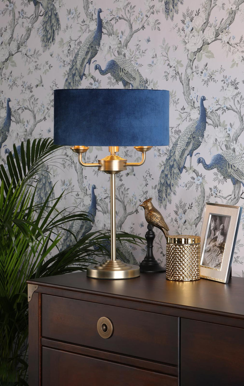 Laura Ashley Sorrento 3 Light Table Lamp Antique Brass & Blue Shade • LA3756234-Q