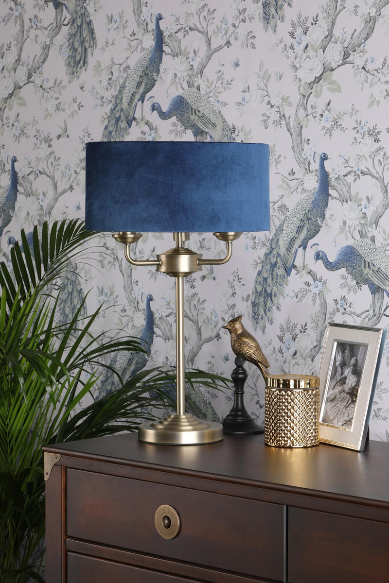 Laura Ashley Sorrento 3 Light Table Lamp Antique Brass & Blue Shade • LA3756234-Q