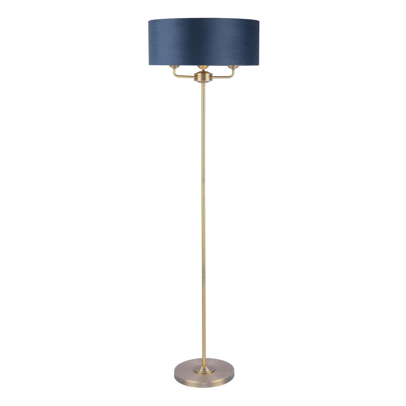 Laura Ashley Sorrento 3 Light Floor Lamp Matt Antique Brass & Blue Shade • LA3756235-Q
