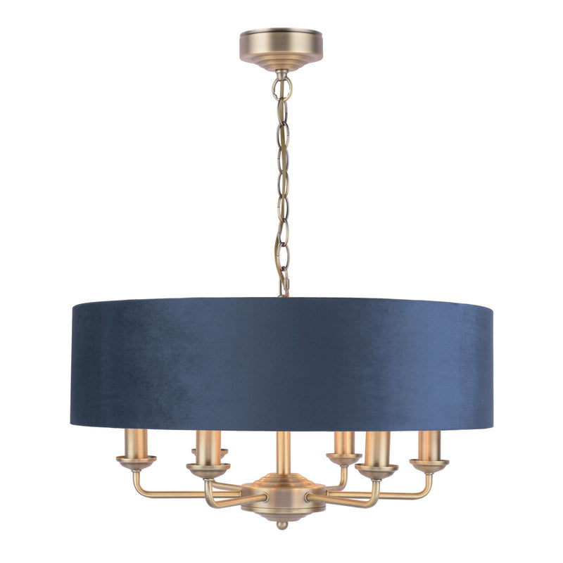 Laura Ashley Sorrento 6 Light Pendant Matt Antique Brass & Blue Shade • LA3756237-Q