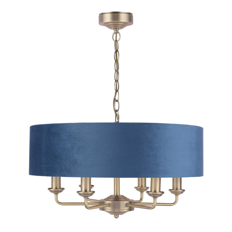 Laura Ashley Sorrento 6 Light Pendant Matt Antique Brass & Blue Shade • LA3756237-Q