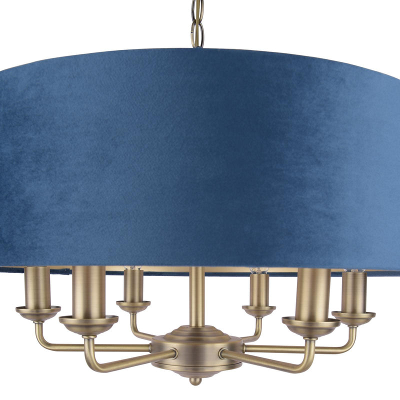 Laura Ashley Sorrento 6 Light Pendant Matt Antique Brass & Blue Shade • LA3756237-Q