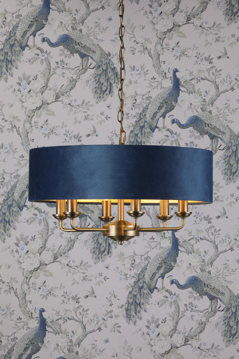 Laura Ashley Sorrento 6 Light Pendant Matt Antique Brass & Blue Shade • LA3756237-Q