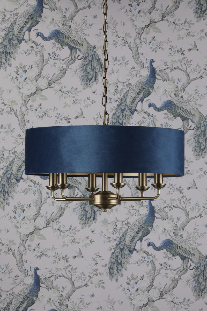 Laura Ashley Sorrento 6 Light Pendant Matt Antique Brass & Blue Shade • LA3756237-Q