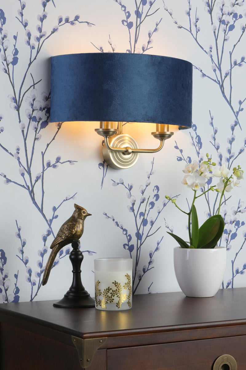 Laura Ashley Sorrento 2 Light Wall Light Matt Antique Brass & Blue Shade • LA3756238-Q