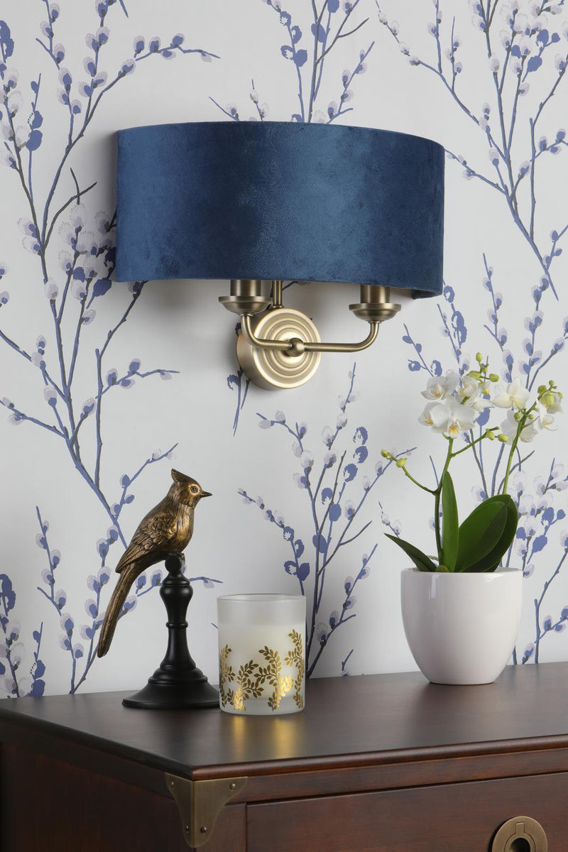 Laura Ashley Sorrento 2 Light Wall Light Matt Antique Brass & Blue Shade • LA3756238-Q