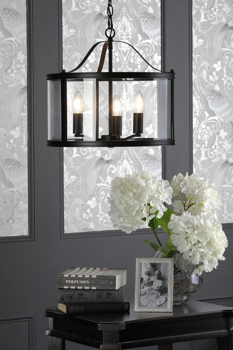 Laura Ashley Harrington 3 Light Pendant Matt Black and Glass • LA3756311-Q