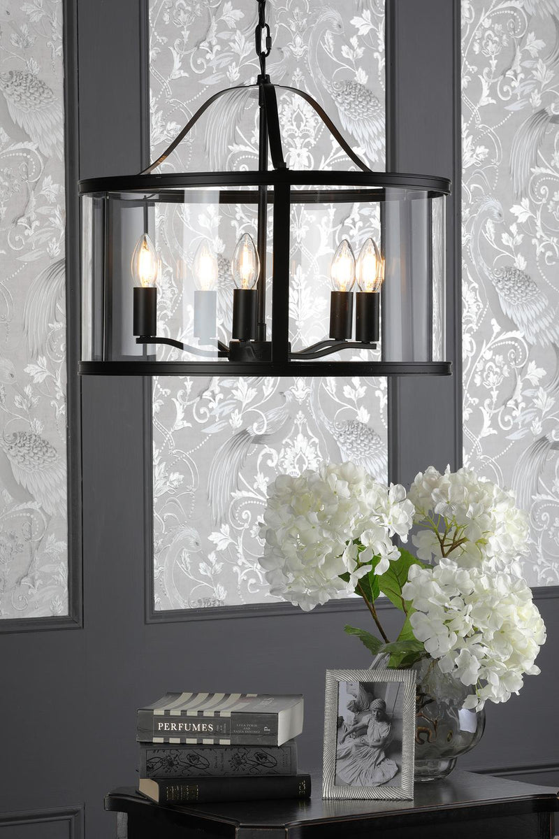 Laura Ashley Harrington 5 Light Pendant Matt Black and Glass • LA3756312-Q