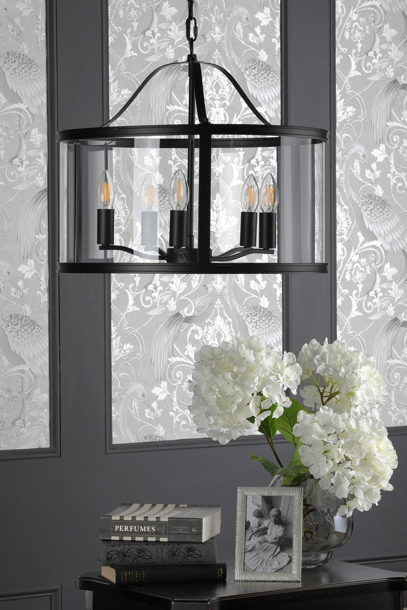 Laura Ashley Harrington 5 Light Pendant Matt Black and Glass • LA3756312-Q