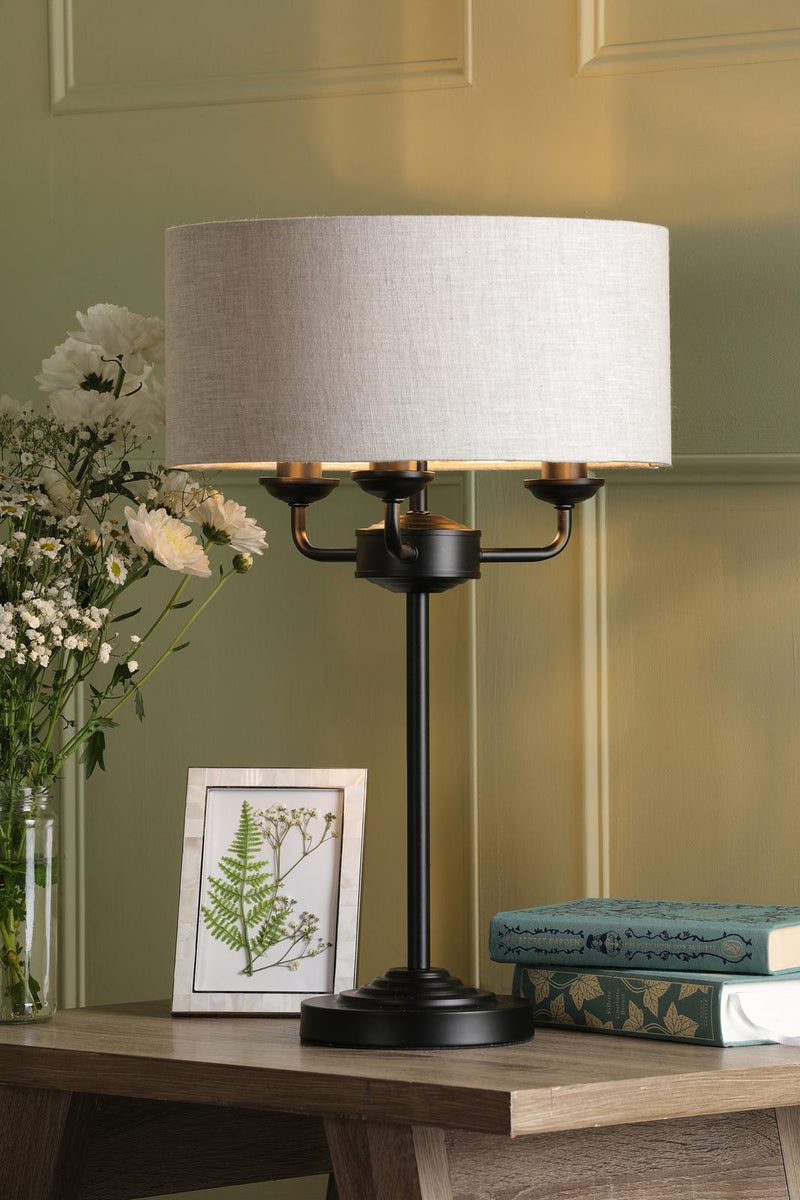 Laura Ashley Sorrento 3 Light Table Lamp Matt Black and Natural With Shade • LA3756360-Q
