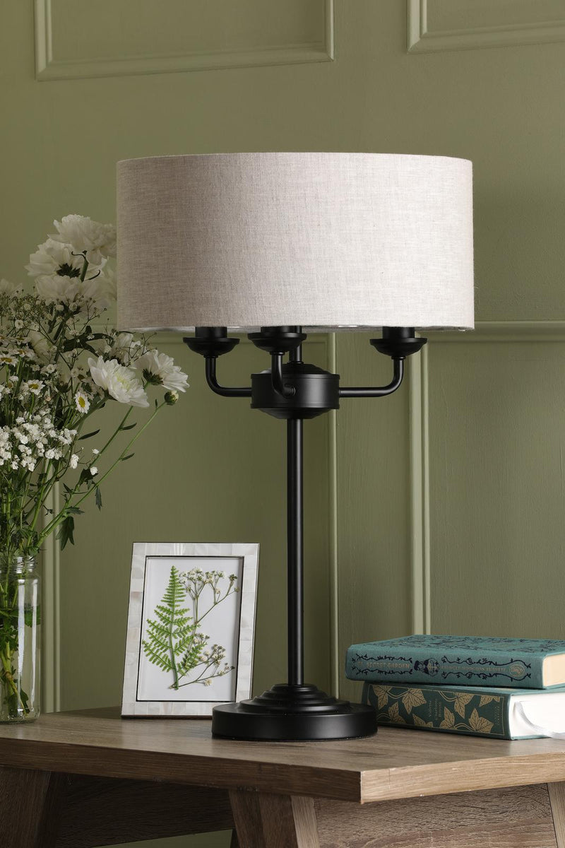 Laura Ashley Sorrento 3 Light Table Lamp Matt Black and Natural With Shade • LA3756360-Q