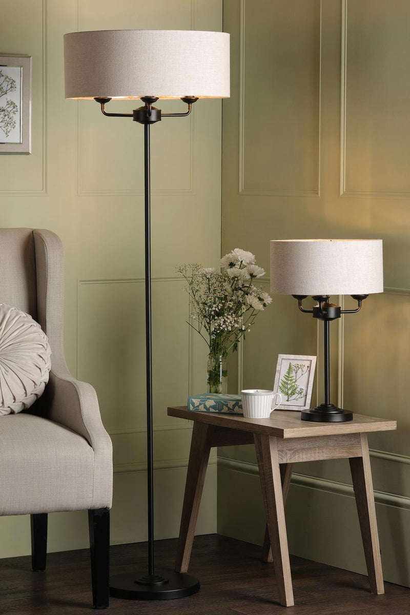 Laura Ashley Sorrento 3 Light Table Lamp Matt Black and Natural With Shade • LA3756360-Q
