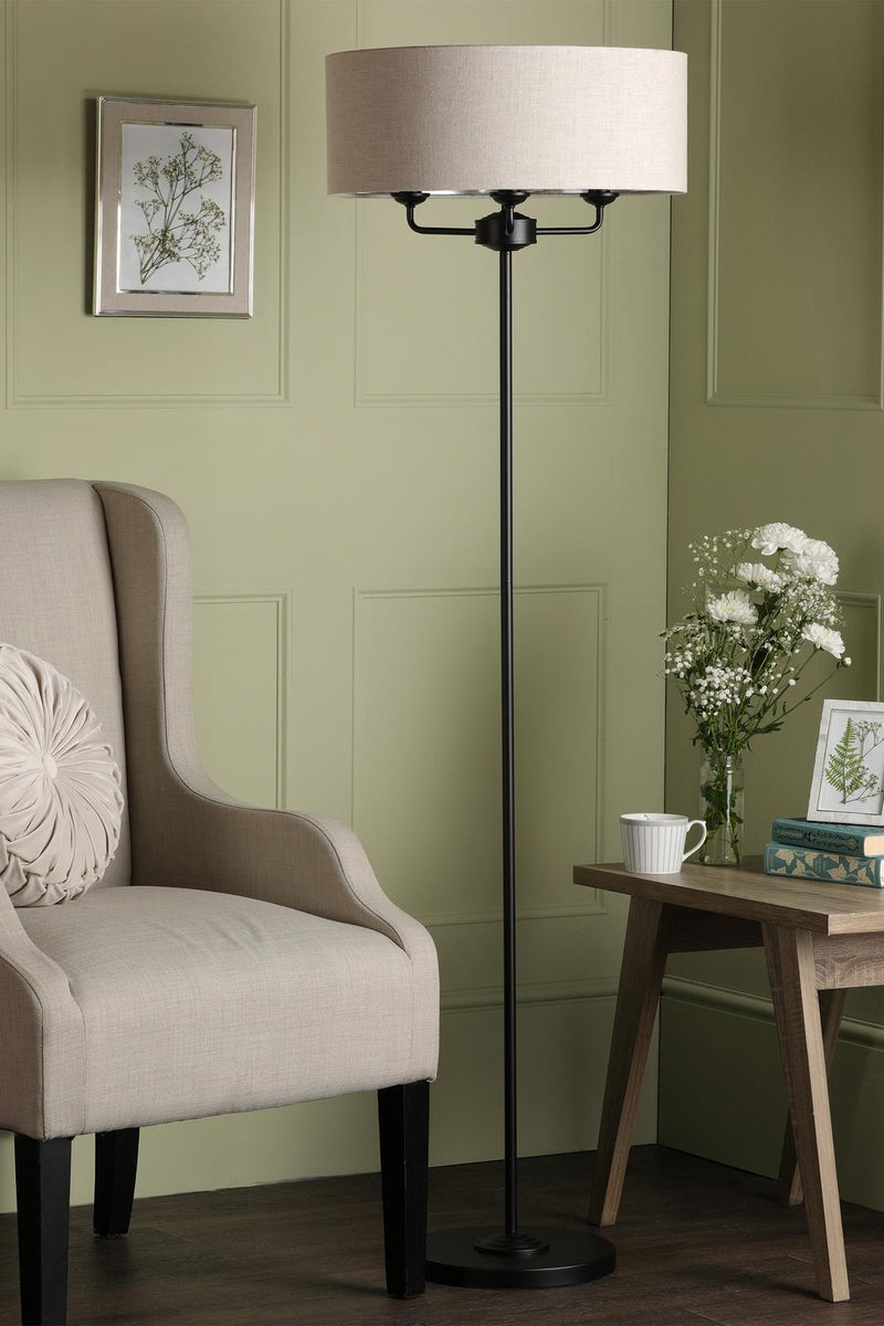 Laura Ashley Sorrento 3 Light Floor Lamp Matt Black and Natural With Shade • LA3756361-Q