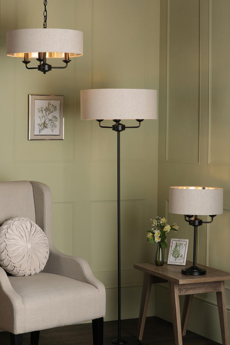 Laura Ashley Sorrento 3 Light Floor Lamp Matt Black and Natural With Shade • LA3756361-Q
