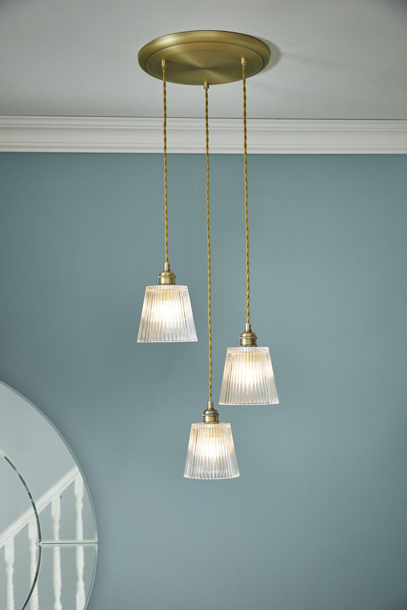Laura Ashley Callaghan 3 Light Pendant Matt Antique Brass and Ribbed Glass • LA3756388-Q