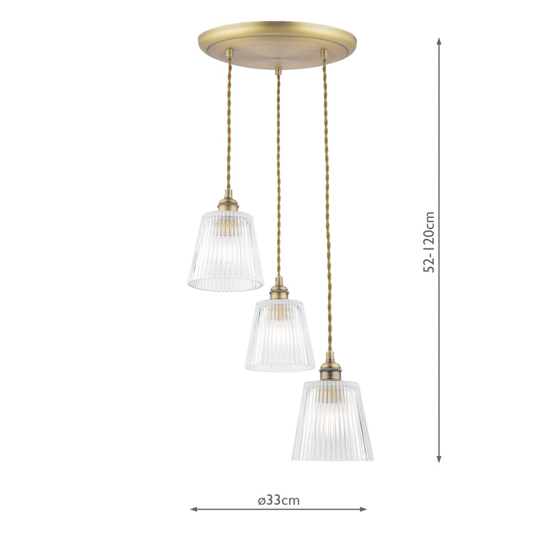Laura Ashley Callaghan 3 Light Pendant Matt Antique Brass and Ribbed Glass • LA3756388-Q