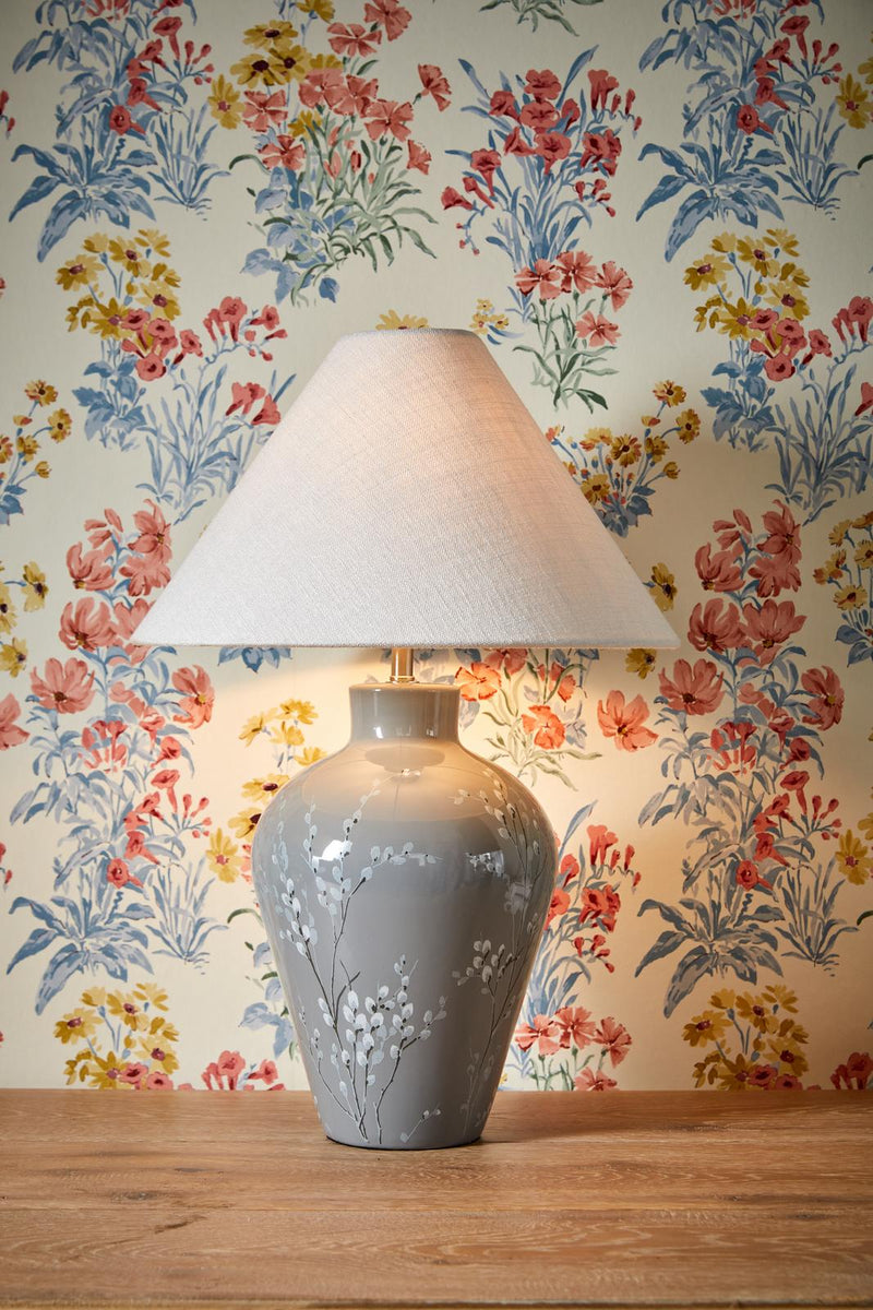 Laura Ashley Pussywillow Table Lamp Grey Ceramic and Polished Nickel With Shade • LA3756405-Q