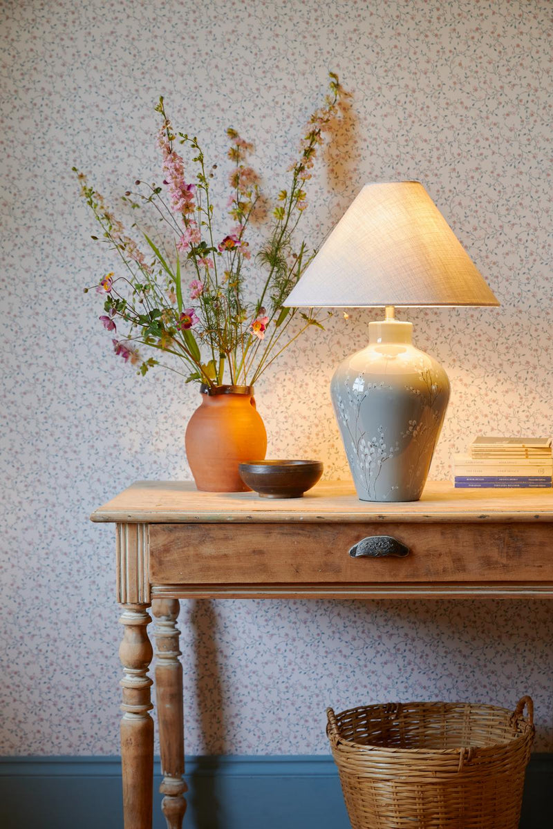 Laura Ashley Pussywillow Table Lamp Grey Ceramic and Polished Nickel With Shade • LA3756405-Q
