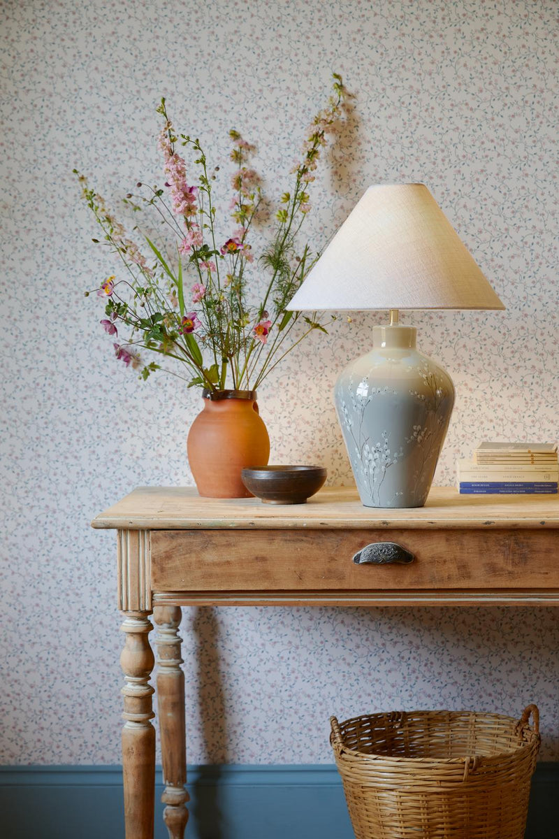 Laura Ashley Pussywillow Table Lamp Grey Ceramic and Polished Nickel With Shade • LA3756405-Q