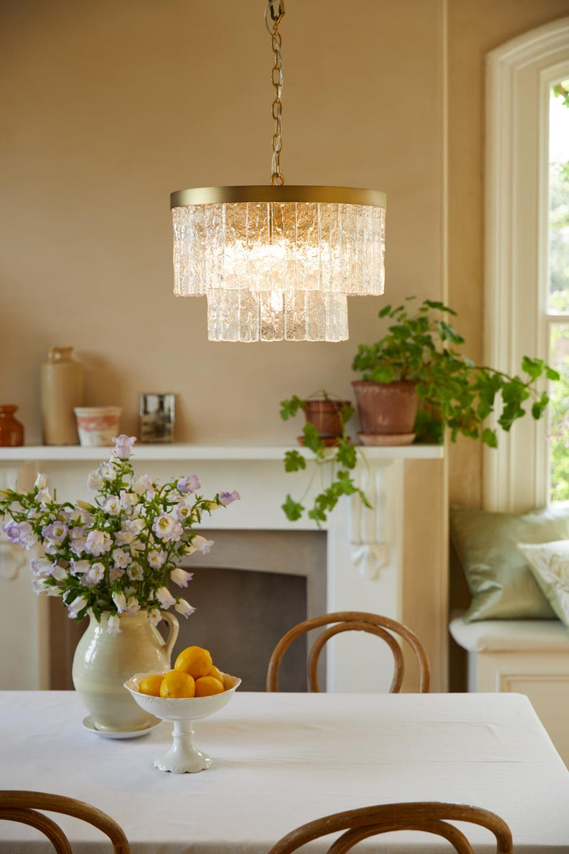 Laura Ashley Durnsford 4 Light Pendant Matt Antique Brass and Textured Glass • LA3756411-Q