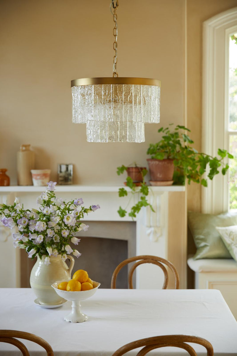 Laura Ashley Durnsford 4 Light Pendant Matt Antique Brass and Textured Glass • LA3756411-Q