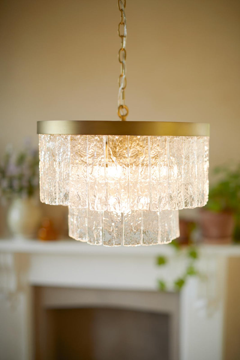 Laura Ashley Durnsford 4 Light Pendant Matt Antique Brass and Textured Glass • LA3756411-Q