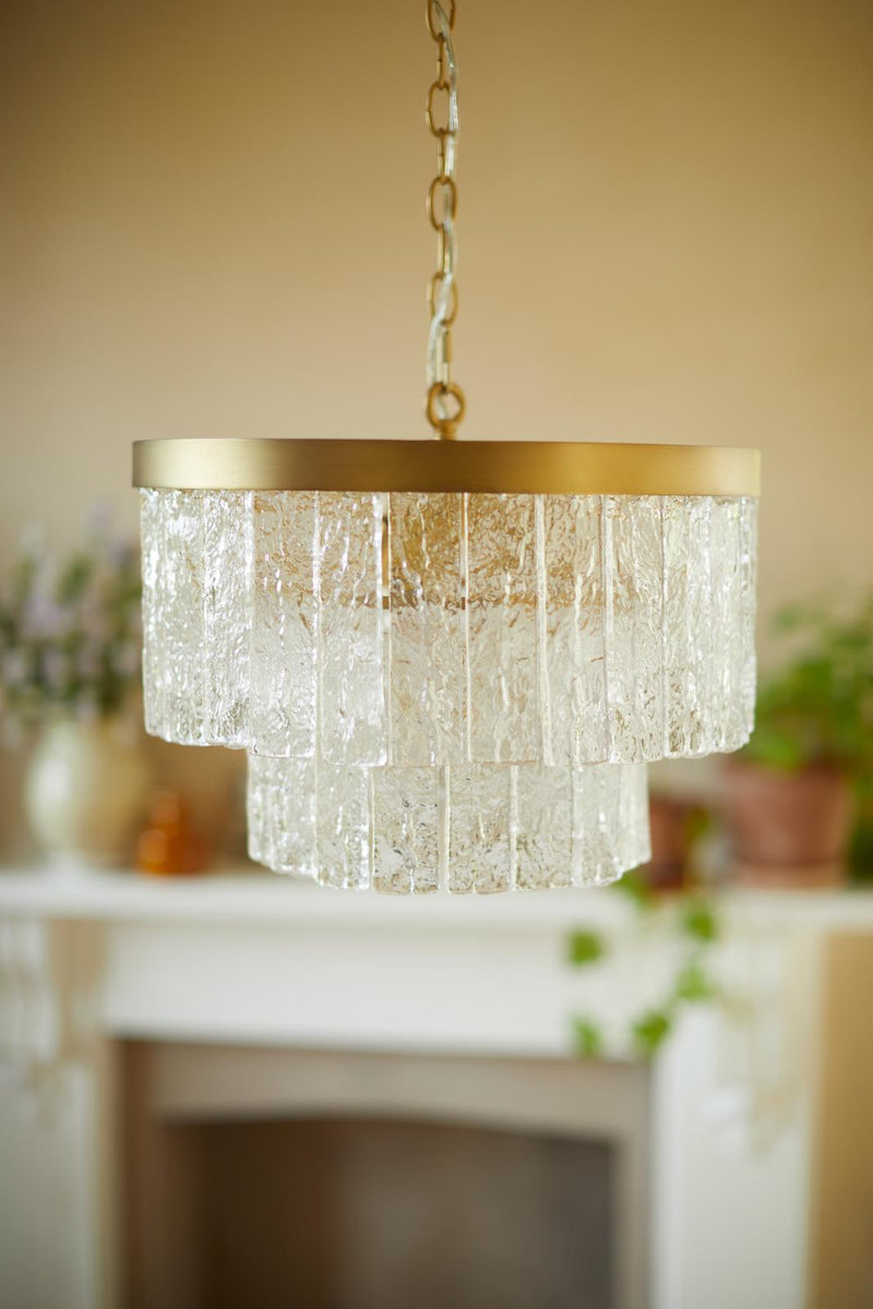 Laura Ashley Durnsford 4 Light Pendant Matt Antique Brass and Textured Glass • LA3756411-Q