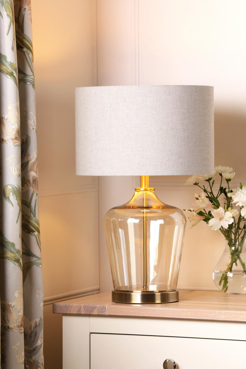 Laura Ashley Ockley Touch Table Lamp Antique Brass and Champagne Glass With Shade • LA3756484-Q
