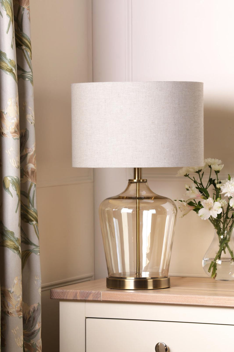 Laura Ashley Ockley Touch Table Lamp Antique Brass and Champagne Glass With Shade • LA3756484-Q