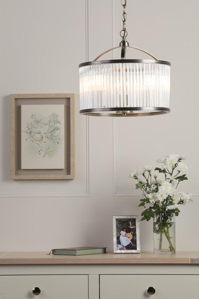 Laura Ashley Sutton 3 Light Pendant Matt Antique Brass and Ribbed Glass • LA3756502-Q