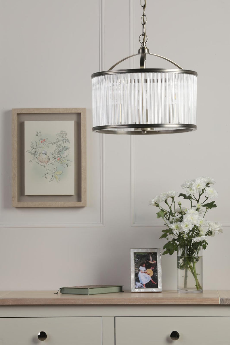 Laura Ashley Sutton 3 Light Pendant Matt Antique Brass and Ribbed Glass • LA3756502-Q