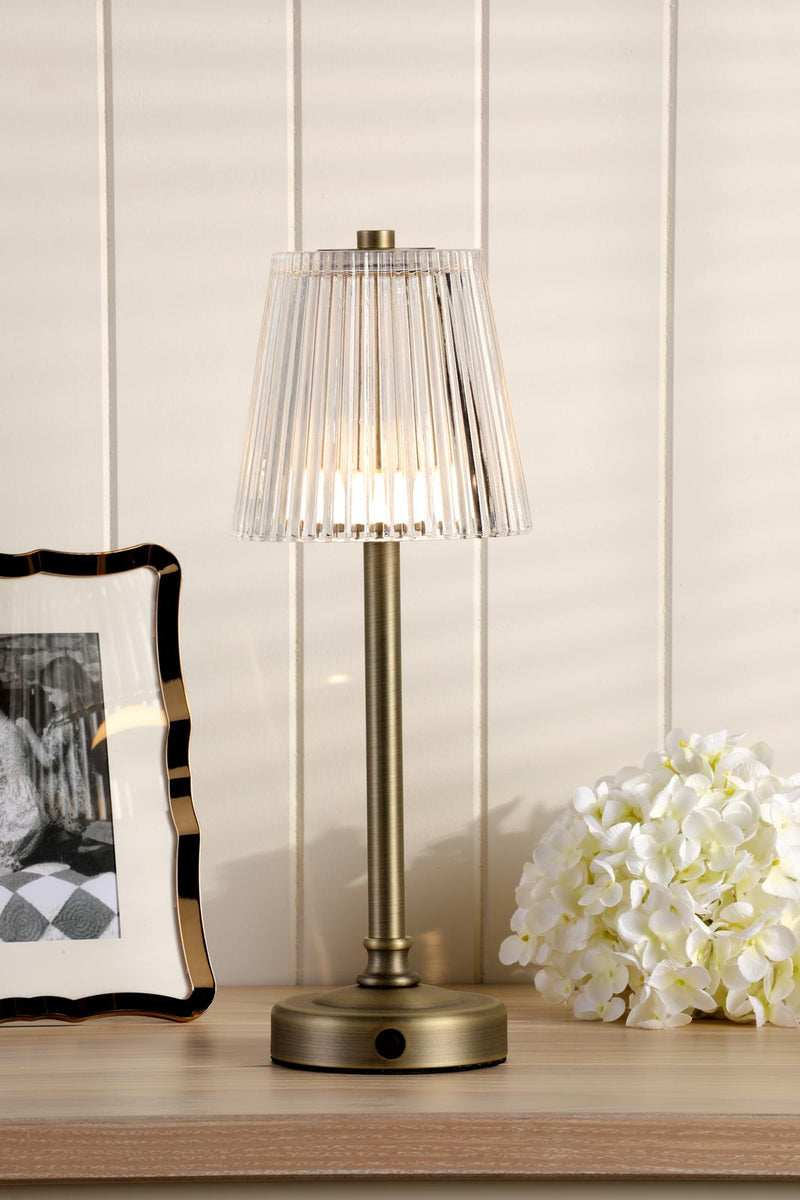 Laura Ashley Callaghan Rechargeable Table Lamp Matt Antique Brass and Ribbed Glass LED • LA3756514-Q