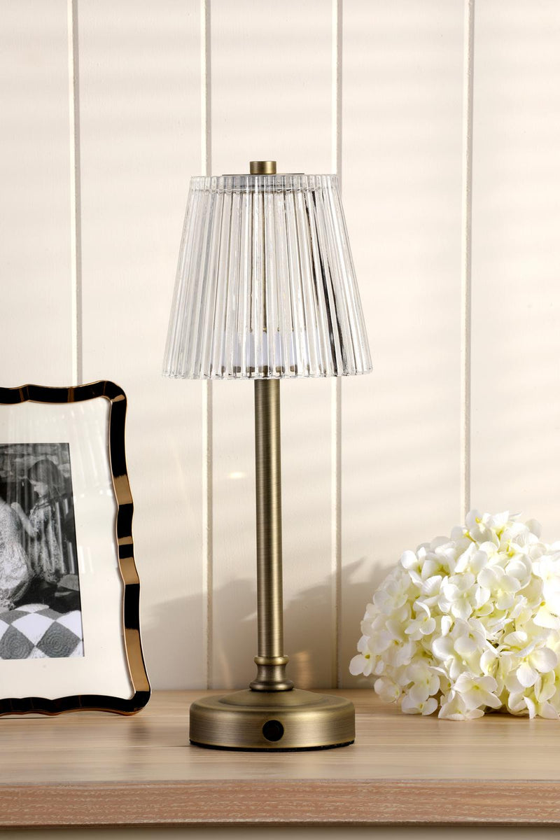 Laura Ashley Callaghan Rechargeable Table Lamp Matt Antique Brass and Ribbed Glass LED • LA3756514-Q