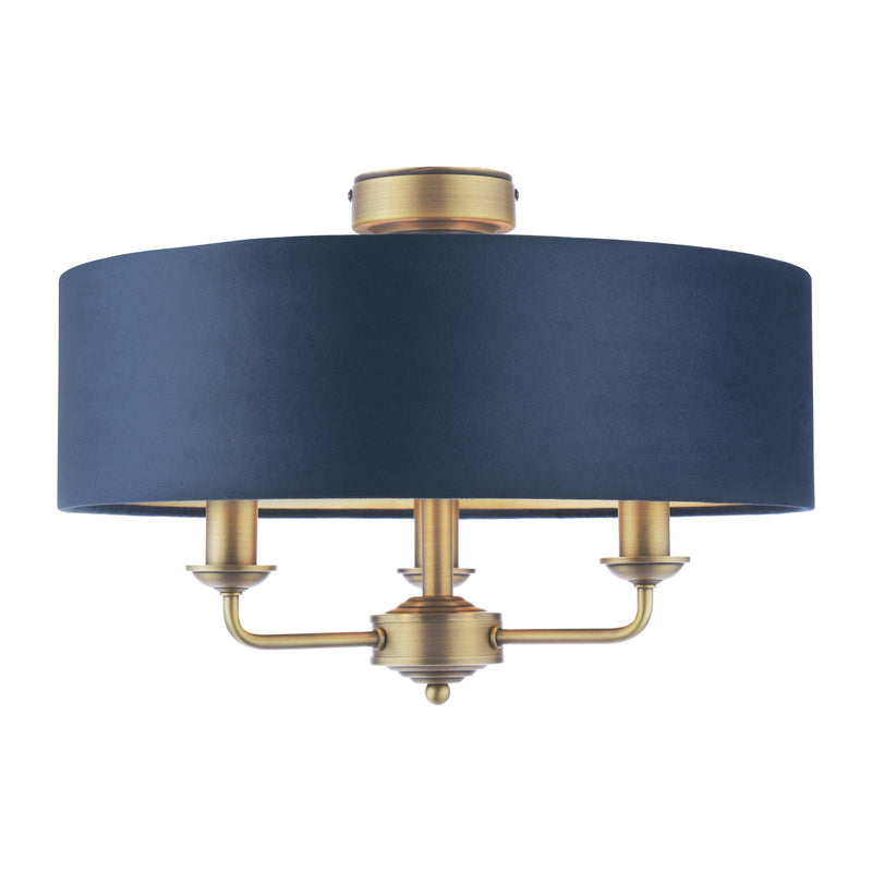 Laura Ashley Sorrento 3 Light Semi-Flush Matt Antique Brass With Blue Shade • LA3756552-Q
