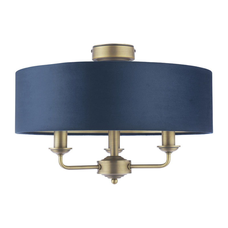 Laura Ashley Sorrento 3 Light Semi-Flush Matt Antique Brass With Blue Shade • LA3756552-Q