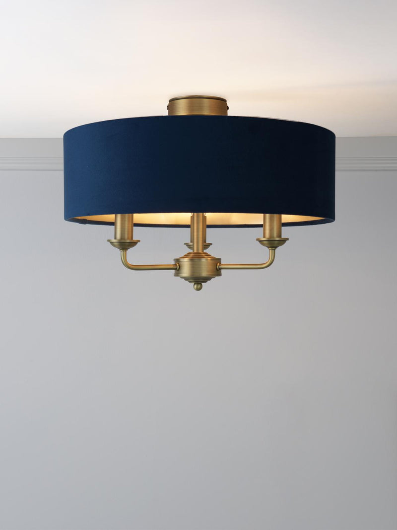 Laura Ashley Sorrento 3 Light Semi-Flush Matt Antique Brass With Blue Shade • LA3756552-Q
