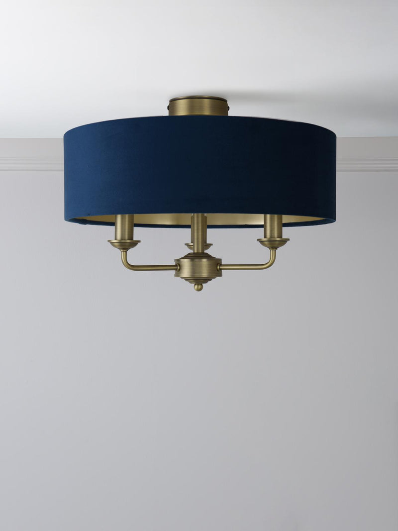 Laura Ashley Sorrento 3 Light Semi-Flush Matt Antique Brass With Blue Shade • LA3756552-Q