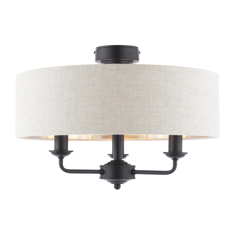 Laura Ashley Sorrento 3 Light Semi-Flush Matt Black With Natural Shade • LA3756553-Q