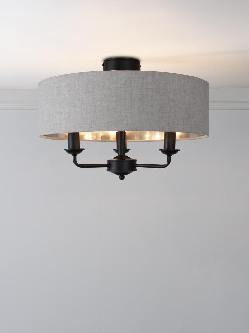 Laura Ashley Sorrento 3 Light Semi-Flush Matt Black With Natural Shade • LA3756553-Q