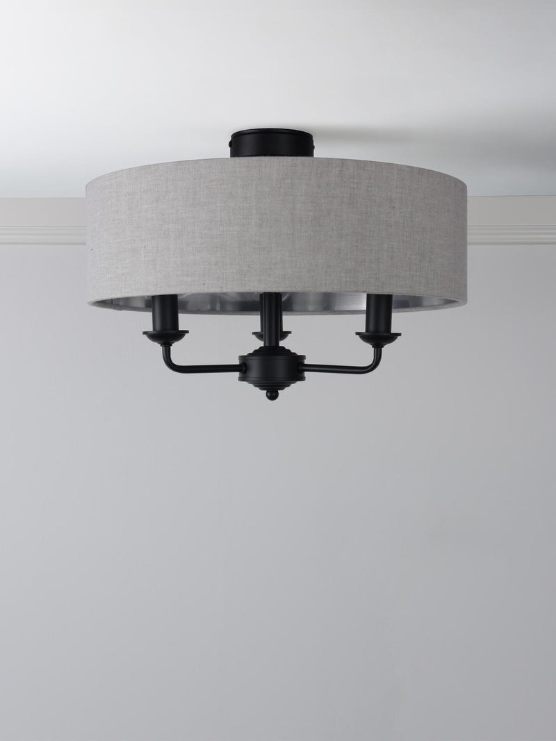Laura Ashley Sorrento 3 Light Semi-Flush Matt Black With Natural Shade • LA3756553-Q